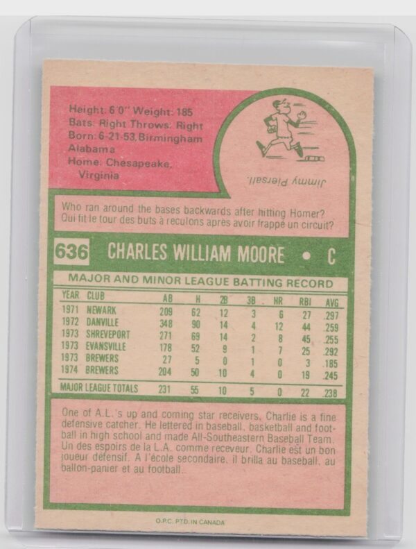 1975 Topps Charlie Moore #636 Brewers - Image 3