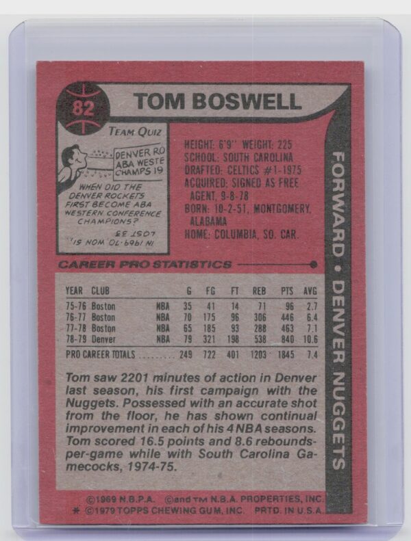 1979-80 Topps Tom Boswell #82 Nuggets - Image 3
