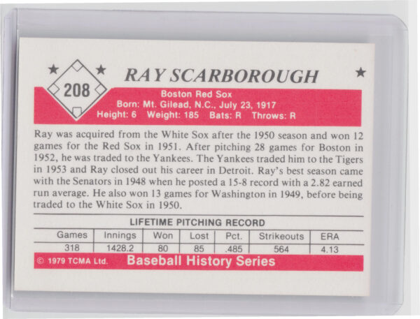 1979 TCMA The 1950’s Ray Scarborough #208 Sox - Image 3