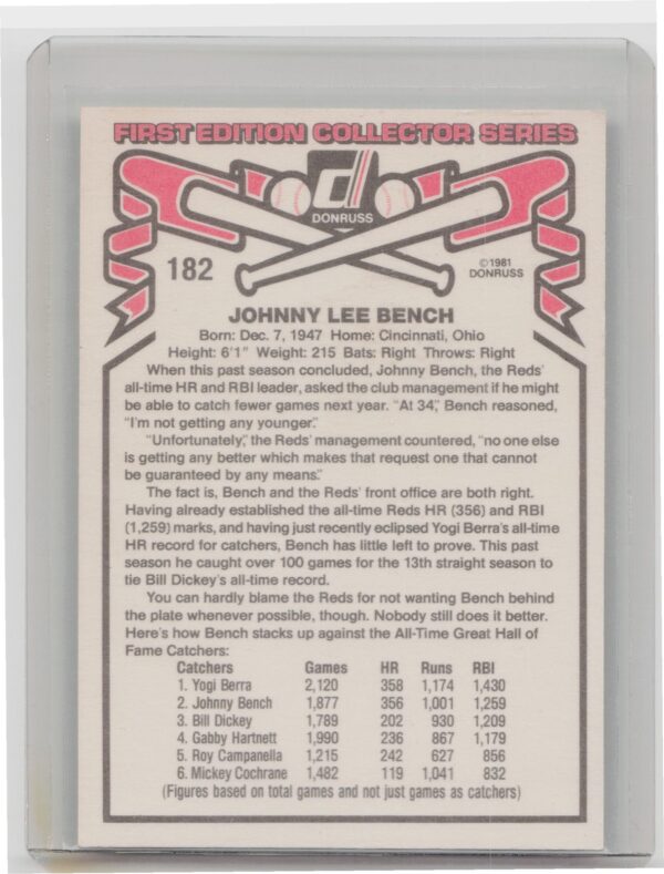 1981 Donruss Johnny Bench #182 Reds - Image 3