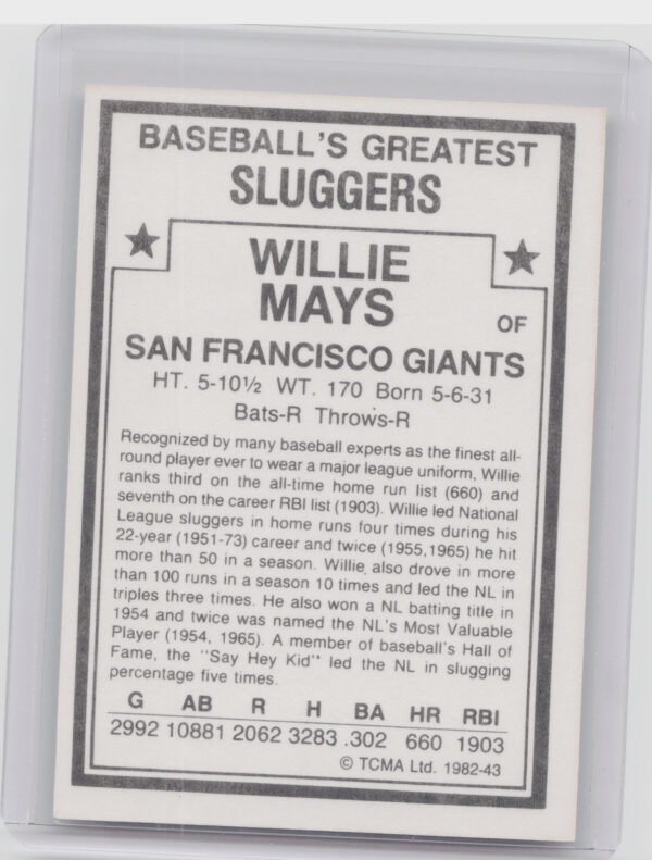 1982 TCMA Baseball's Greatest Sluggers (White Back) Willie Mays #43 Giants - Image 3