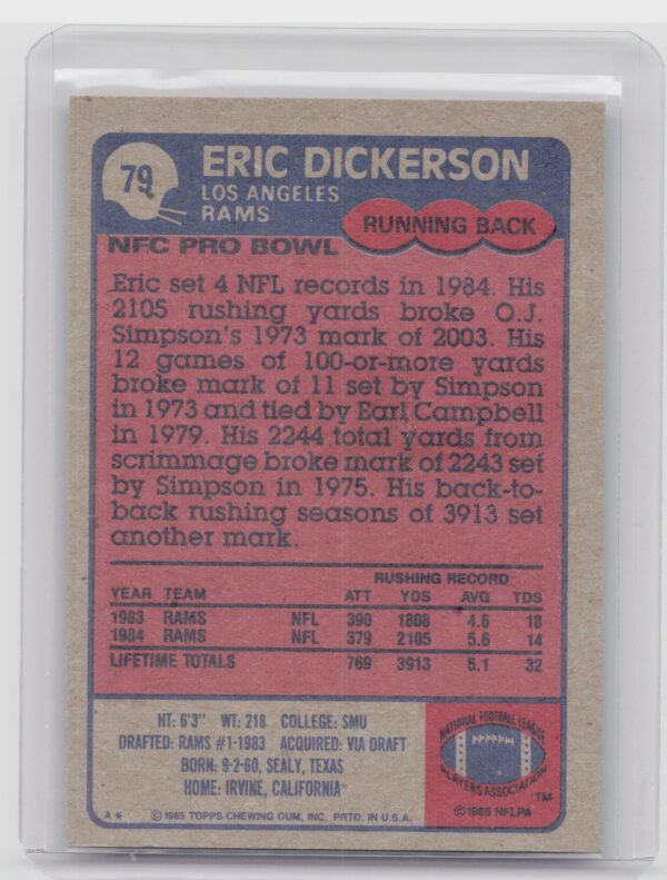 1985 Topps Eric Dickerson #79 Rams - Image 3