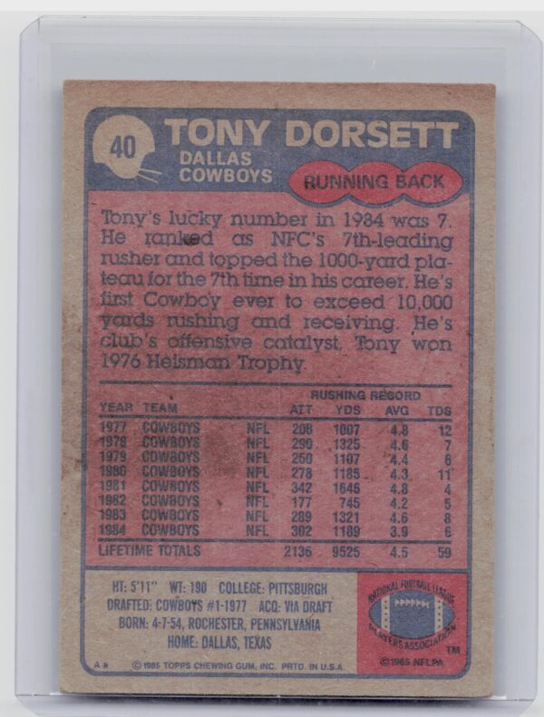 1985 Topps Tony Dorsett #40 Cowboys - Image 3