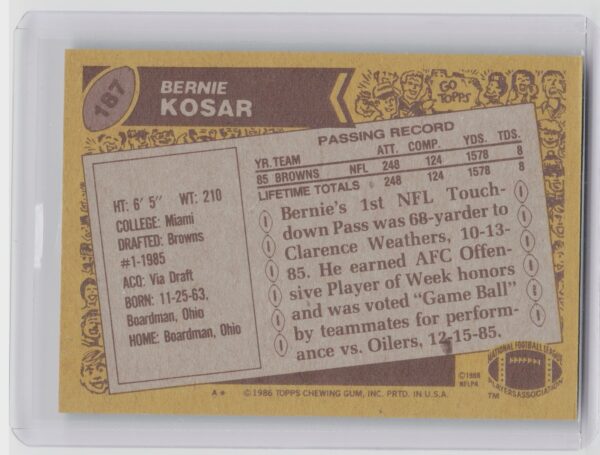 1986 Topps Bernie Kosar RC #187 Browns - Image 3
