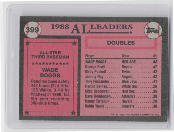 1989 Topps Wade Boggs #399 Sox - Image 3