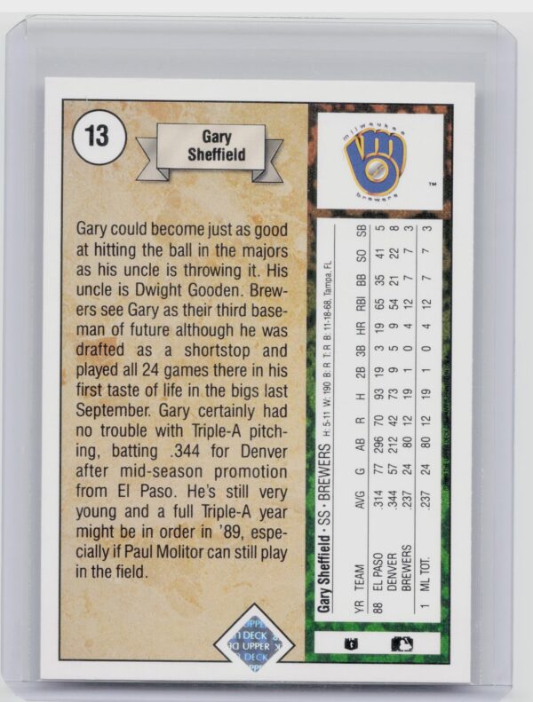1989 Upper Deck Gary Sheffield RC #13 Brewers - Image 3
