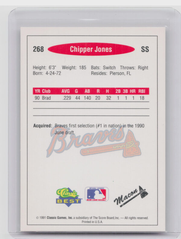 1991 Classic Best Chipper Jones #268 Braves - Image 3