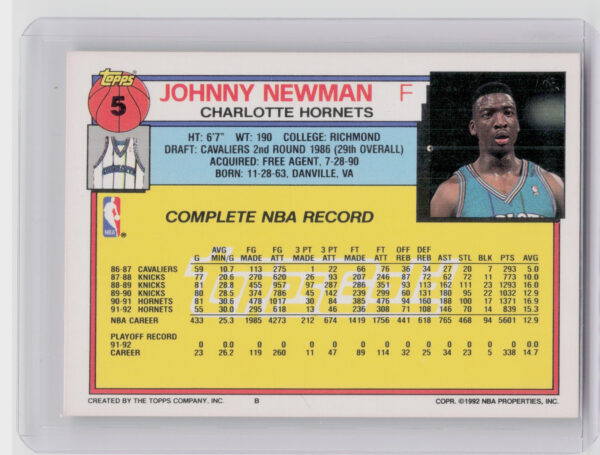 1992-93 Topps Johnny Newman Gold #5 Hornets - Image 3