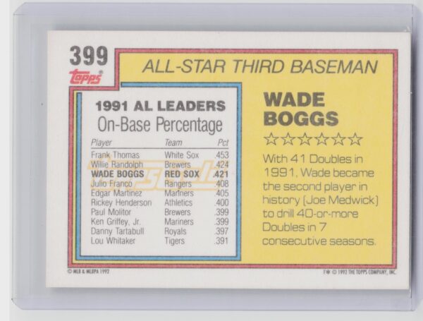 1992 Topps Wade Boggs #399 Sox - Image 3