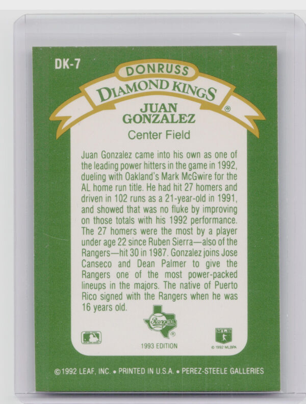 1993 Donruss Juan Gonzalez #DK-7 Rangers Diamond Kings - Image 3