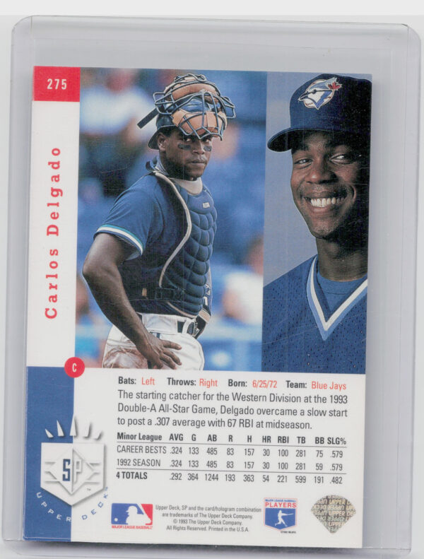 1993 SP Carlos Delgado #275 Jays - Image 3
