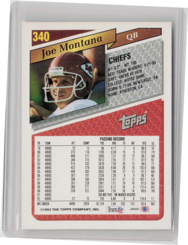 1993 Topps Joe Montana Gold #340 Chiefs - Image 3
