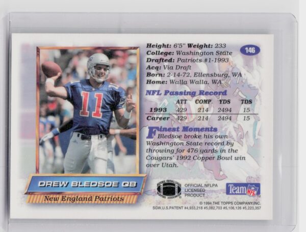1994 Finest Drew Bledsoe #146 Patriots - Image 3