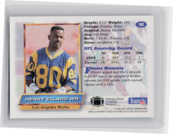 1994 Finest Henry Ellard #102 Rams - Image 3