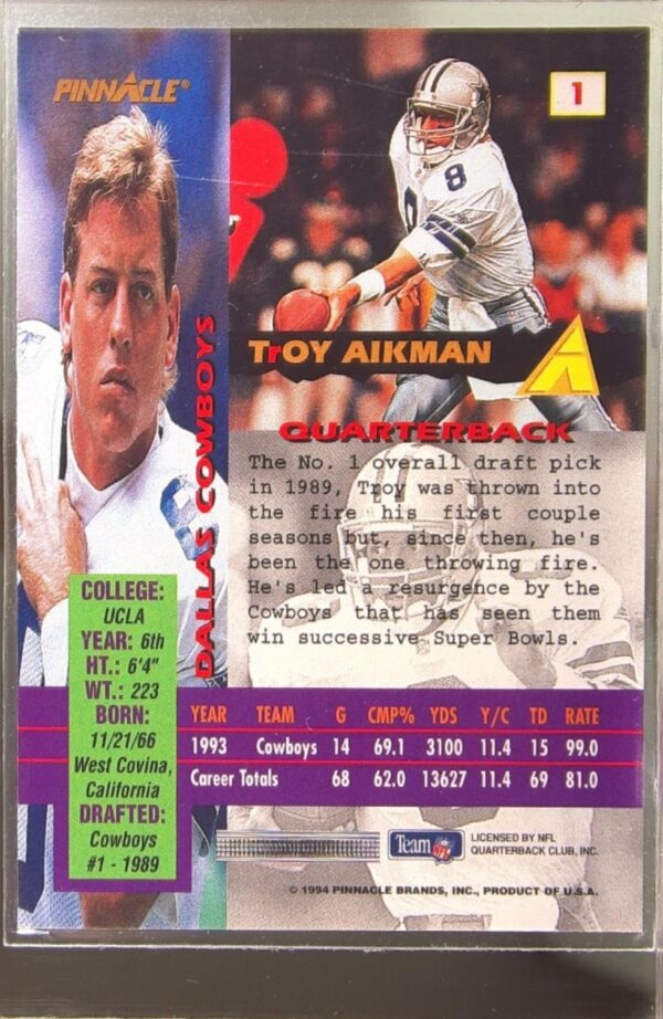 1994 Pinnacle Canton Bound Troy Aikman #1 Cowboys - Image 3