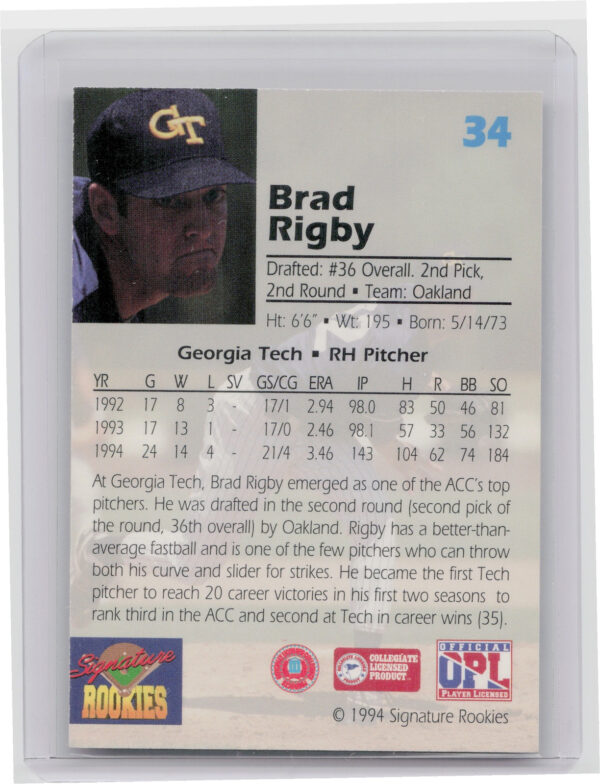 1994 Signature Rookies Draft Picks Brad Rigby AU SN7750 #34 Athletics Signatures - Image 3