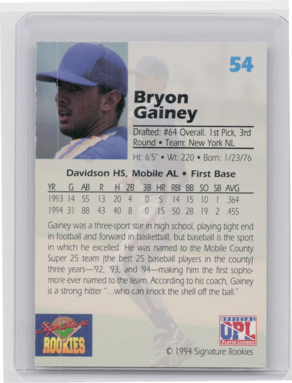 1994 Signature Rookies Draft Picks Bryon Gainey AU SN7750 #54 Mets Signatures - Image 3