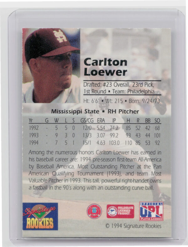 1994 Signature Rookies Draft Picks Carlton Loewer AU SN3350 #NNO Phillies Bonus - Image 3