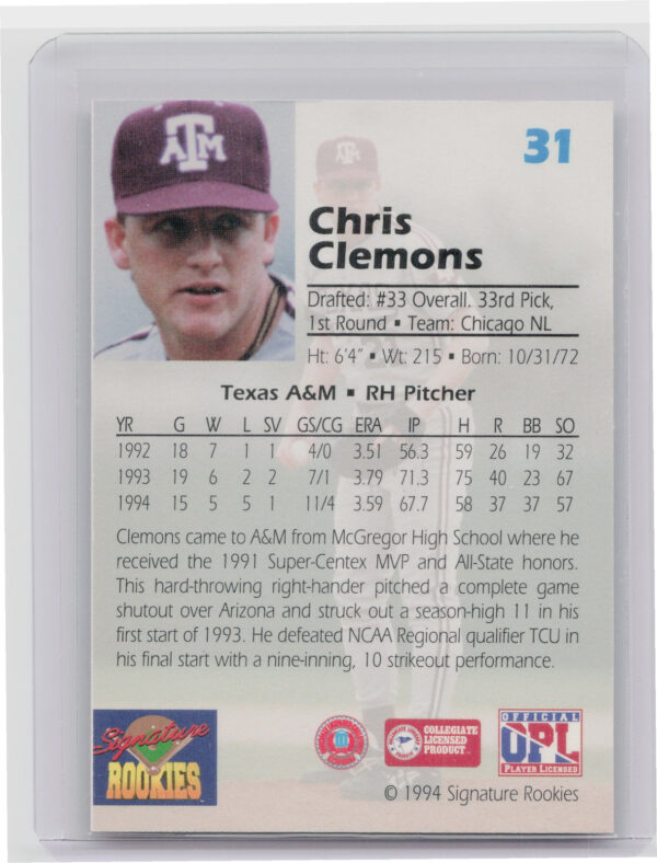 1994 Signature Rookies Draft Picks Chris Clemons AU SN7750 #31 Aggies Signatures - Image 3