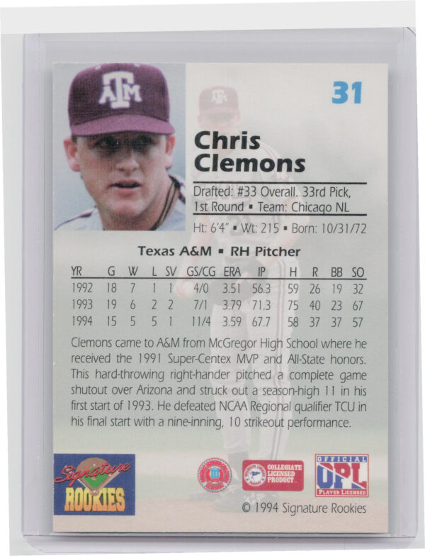 1994 Signature Rookies Draft Picks Chris Clemons AU SN7750 #31 Aggies Signatures - Image 3