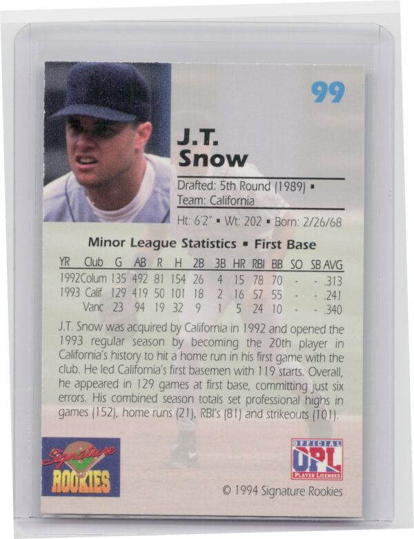 1994 Signature Rookies Draft Picks J.T. Snow AU SN7750 #99 Angels Signatures - Image 3