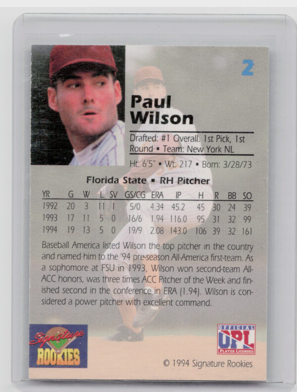 1994 Signature Rookies Draft Picks Paul Wilson AU SN7750 #2 Mets Signatures - Image 3