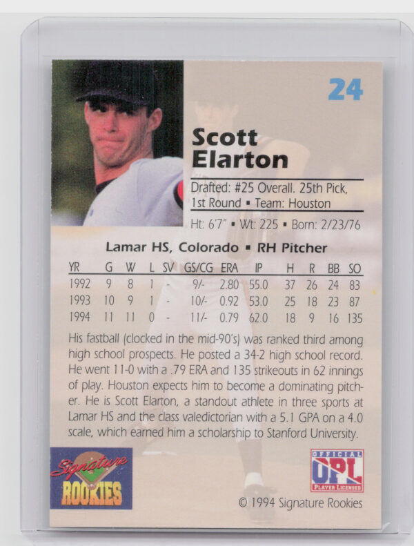 1994 Signature Rookies Draft Picks Scott Elarton AU SN7750 #24 Astros Signatures - Image 3