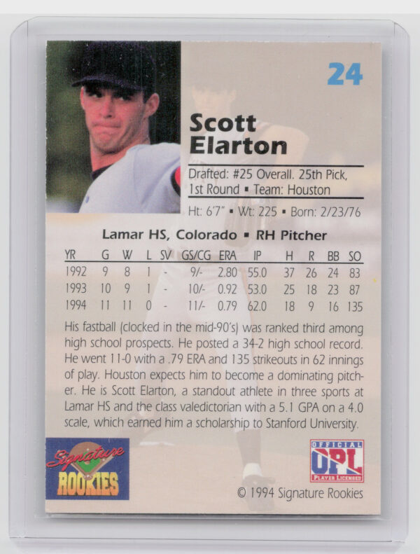 1994 Signature Rookies Draft Picks Scott Elarton AU SN7750 #24 Astros Signatures - Image 3