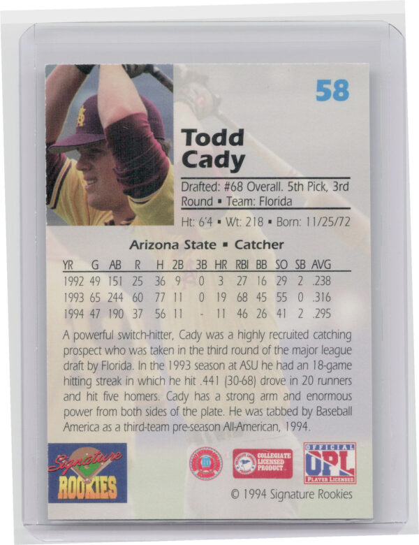 1994 Signature Rookies Draft Picks Todd Cady AU SN7750 #58 Marlins Signatures - Image 3