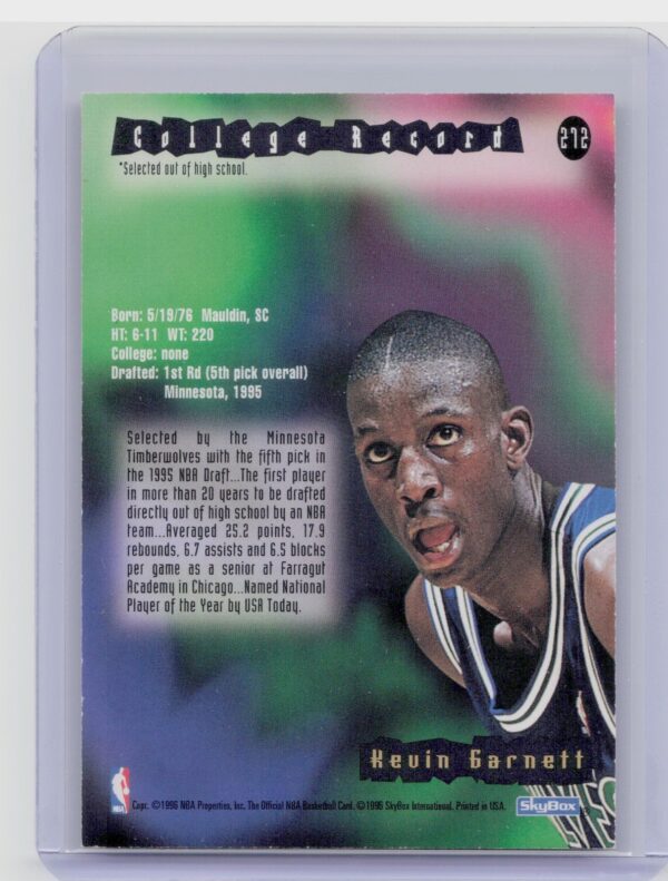 1995-96 Hoops Kevin Garnett RC #272 Timberwolves - Image 3