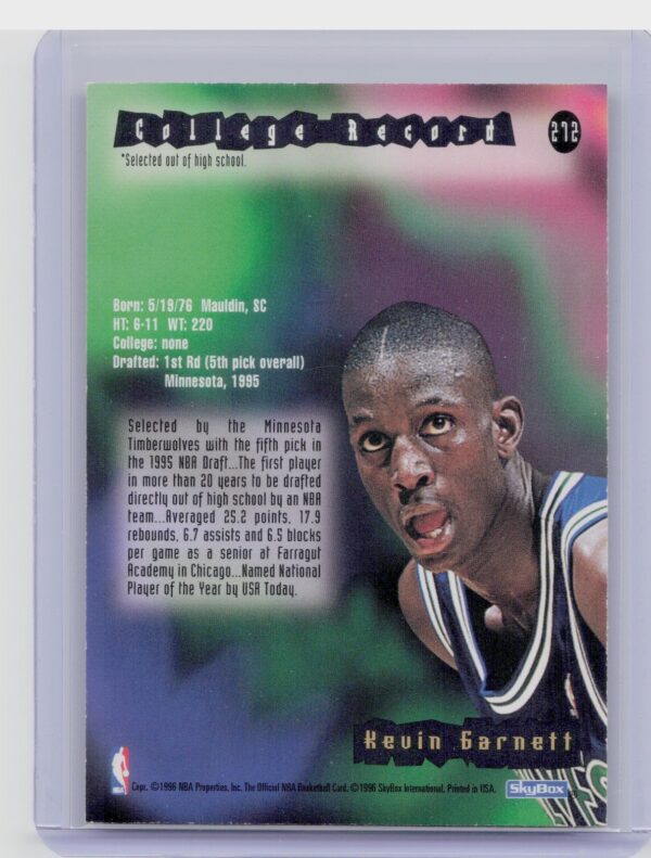 1995-96 Hoops Kevin Garnett RC #272 Timberwolves - Image 3