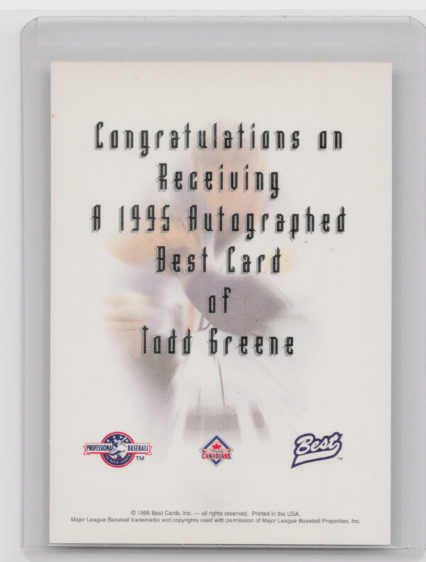 1995 Best Todd Greene #NNO Canadians Autographs - Image 3