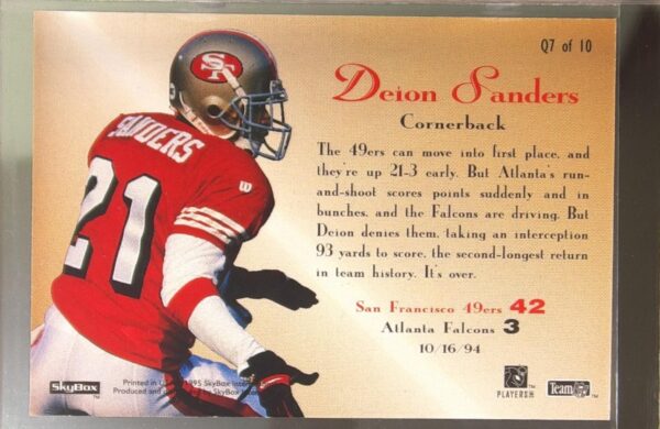 1995 SkyBox Premium Deion Sanders #Q7 49ers Quickstrike - Image 3