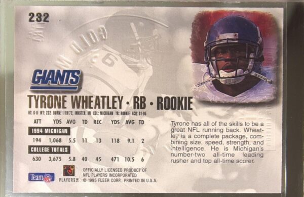 1995 Ultra Tyrone Wheatley Gold Medallion RC #232 Giants - Image 3