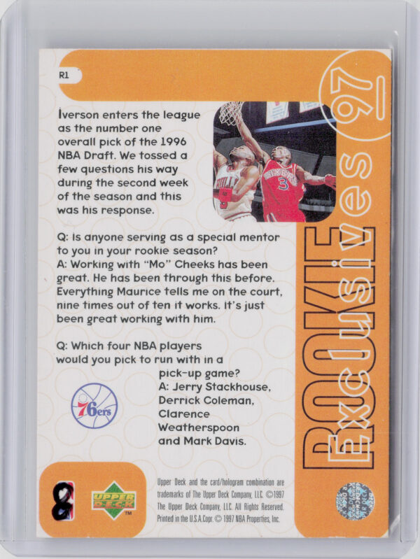 1996-97 Upper Deck Allen Iverson #R1 76ers Rookie Exclusives - Image 3