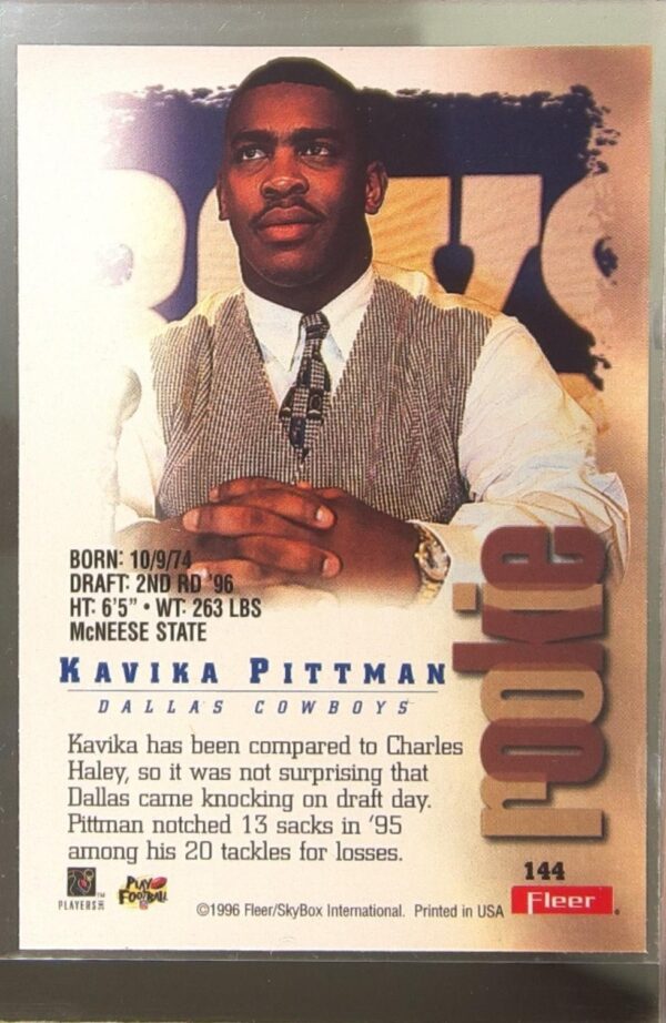 1996 Fleer Metal Kavika Pittman RC #144 Cowboys - Image 3