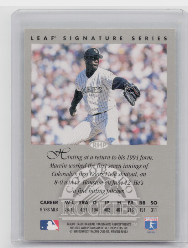1996 Leaf Signature Series Marvin Freeman #NNO Rockies Autographs Bronze - Image 3