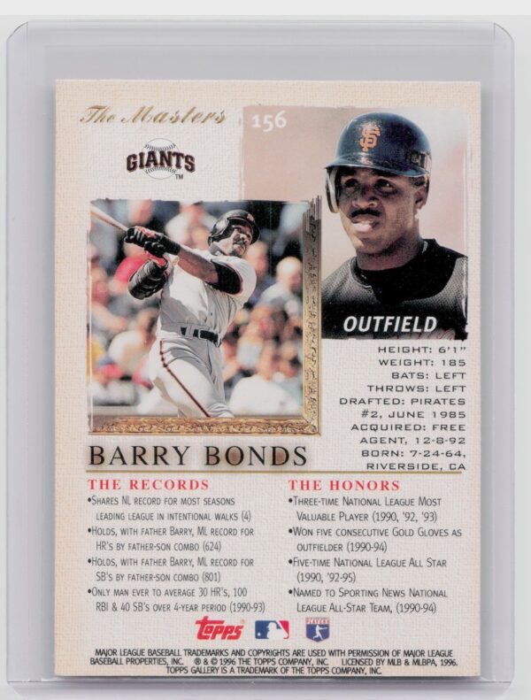 1996 Topps Gallery Barry Bonds #156 Giants - Image 3
