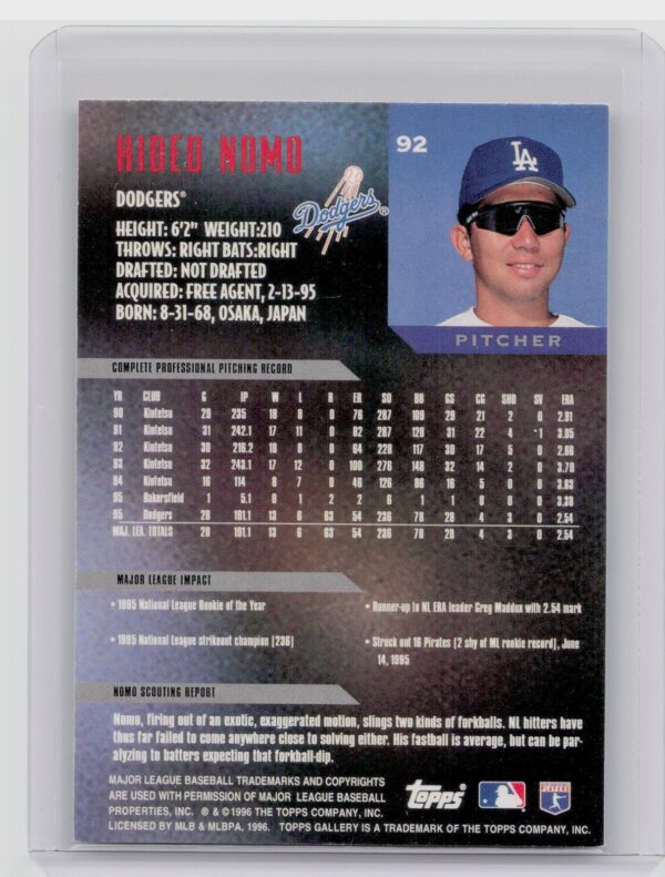 1996 Topps Gallery Hideo Nomo #92 Dodgers - Image 3