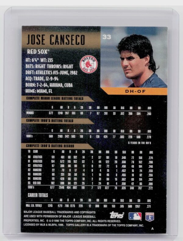 1996 Topps Gallery Jose Canseco #33 Sox - Image 3