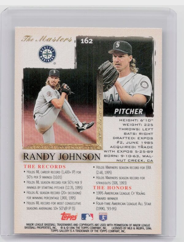 1996 Topps Gallery Randy Johnson #162 Mariners - Image 3