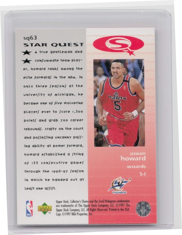1997-98 Collector's Choice Juwan Howard #SQ63 Wizards StarQuest - Image 3