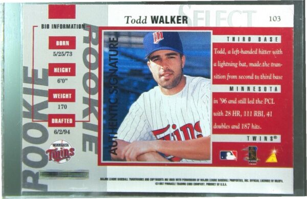1997 Select Todd Walker Auto RC #103 Twins Rookie Autographs - Image 3