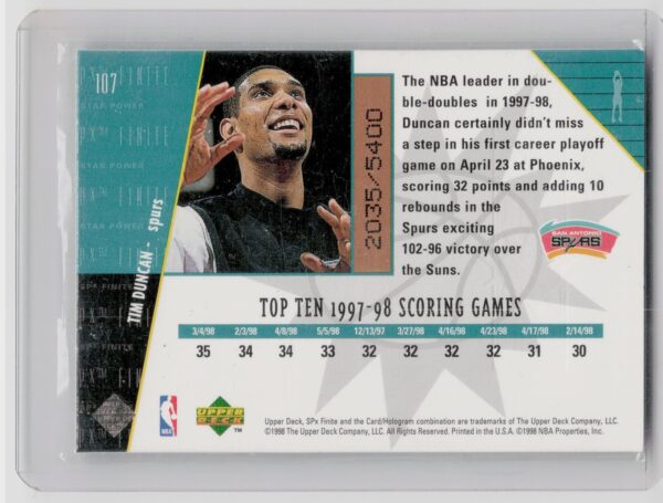 1998-99 SPx Finite Tim Duncan /5400 #107 Spurs - Image 3