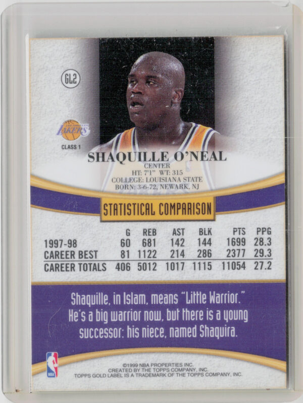 1998-99 Topps Shaquille O'Neal #GL2 Lakers Topps Gold Label - Image 3