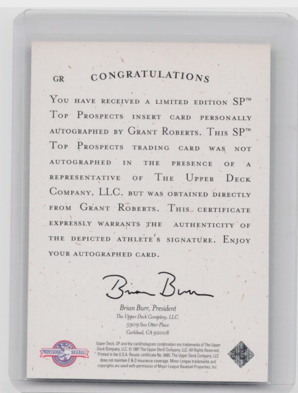 1998 SP Top Prospects Grant Roberts AU #GR Bombers Autographs - Image 3