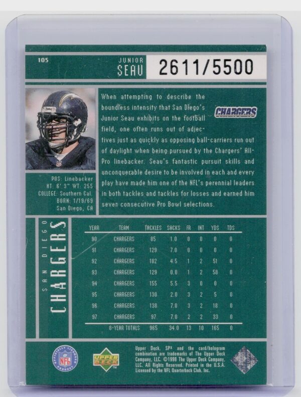 1998 SPx Finite Junior Seau /5500 #105 Chargers - Image 3