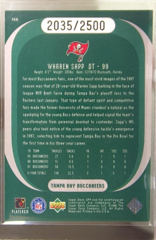 1998 SPx Finite Warren Sapp /2500 #166 Buccaneers - Image 3