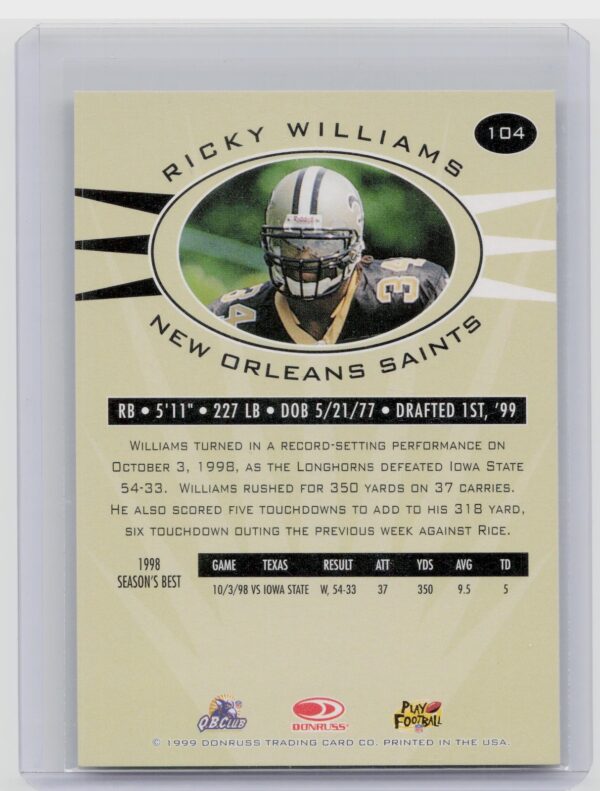 1999 Donruss Preferred QBC Ricky Williams #104 Saints Gold - Image 3
