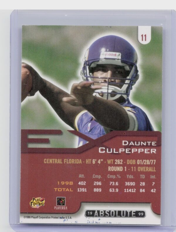 1999 Playoff Absolute EXP Daunte Culpepper RC #11 Vikings - Image 3